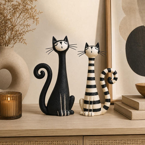 Black and Striped Long-Neck Cat Pair, Clay Figurines