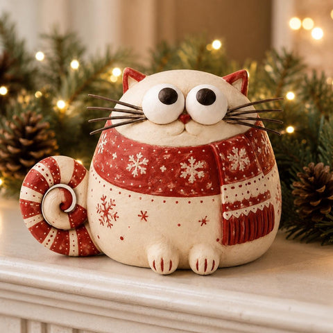 Christmas Cat Figurine in a Red Snowflake Scarf