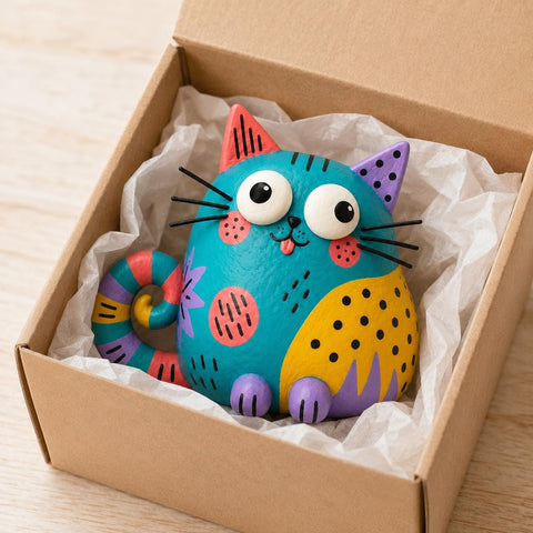 Colorful Teal Chubby Cat Figurine, Folk Art Clay close-up