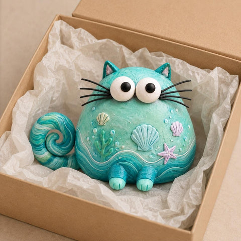 Ocean Cat Figurine with Seashells and Waves close-up