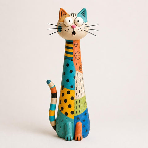 Patchwork Long-Neck Cat Figurine, Hand-Painted Clay close-up