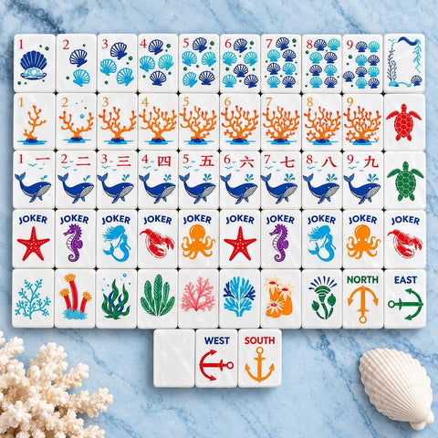 Ocean Coral and Sea Turtle American Mahjong Set, 152 Pearl Tiles