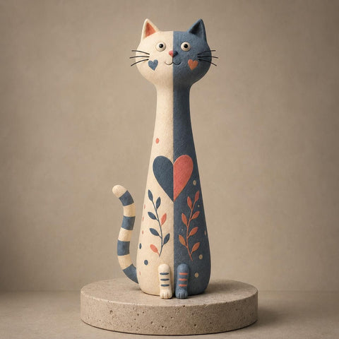 Split-Color Long-Neck Cat with Heart and Leaves close-up