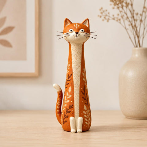 Terracotta Botanical Long-Neck Cat Figurine close-up