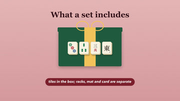 A wrapped gift box with mahjong tiles on it and a note that racks, mat and card are separate