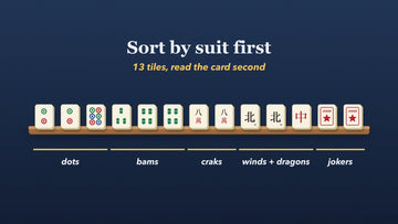 A rack of 13 tiles sorted into dots, bams, craks, winds and dragons, and jokers
