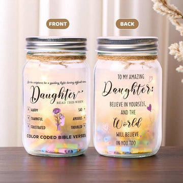Bible Verse Jar for Daughter – 92 Color-Coded Scriptures with LED Light | Inspirational Christian Gift for Encouragement & Faith