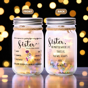 Sister Gift – Mason Bible Verse Jar with LED Lights, 92 Hand-Rolled Faith Scrolls, Christian Inspirational Gift