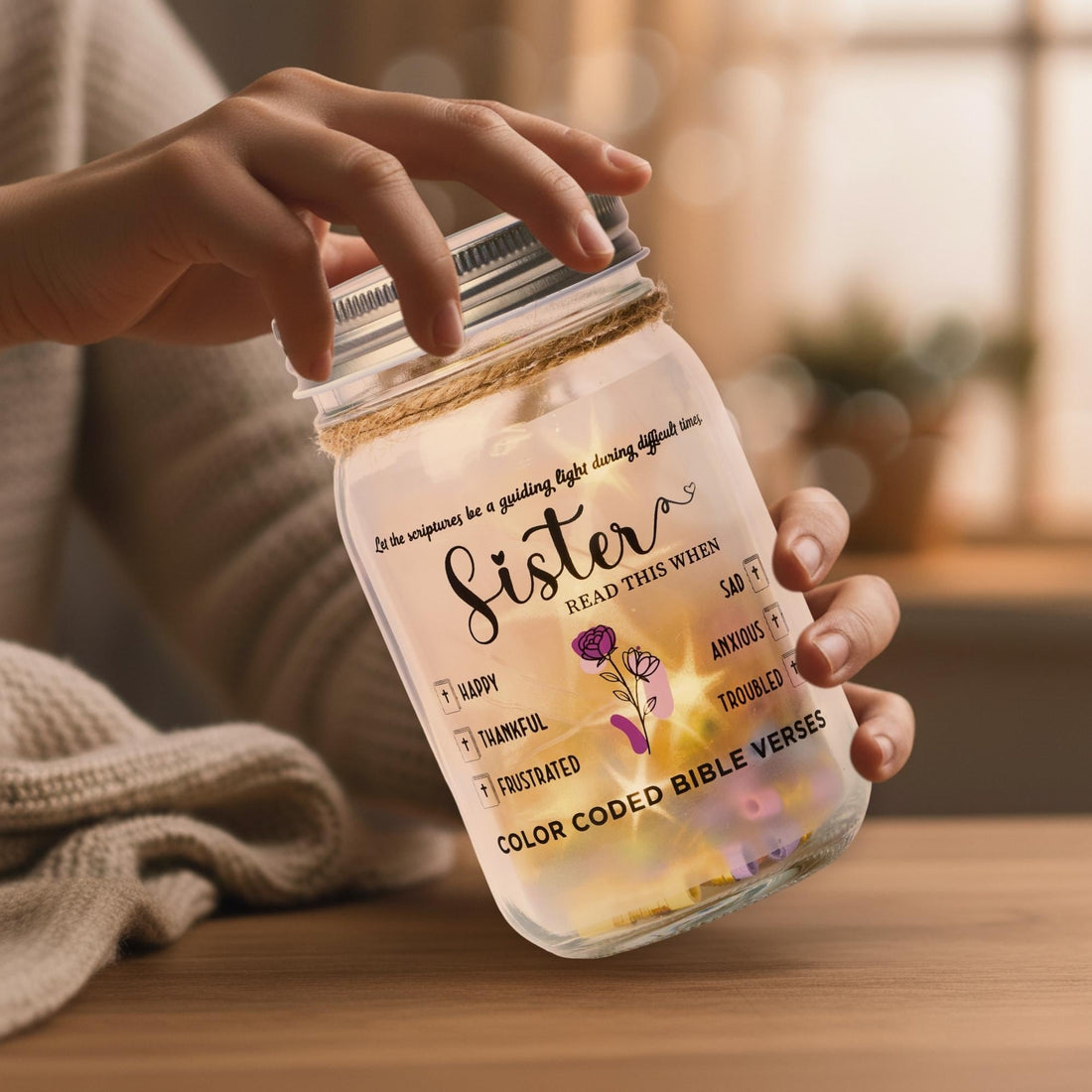 Sister Gift – Mason Bible Verse Jar with LED Lights, 92 Hand-Rolled Faith Scrolls, Christian Inspirational Gift