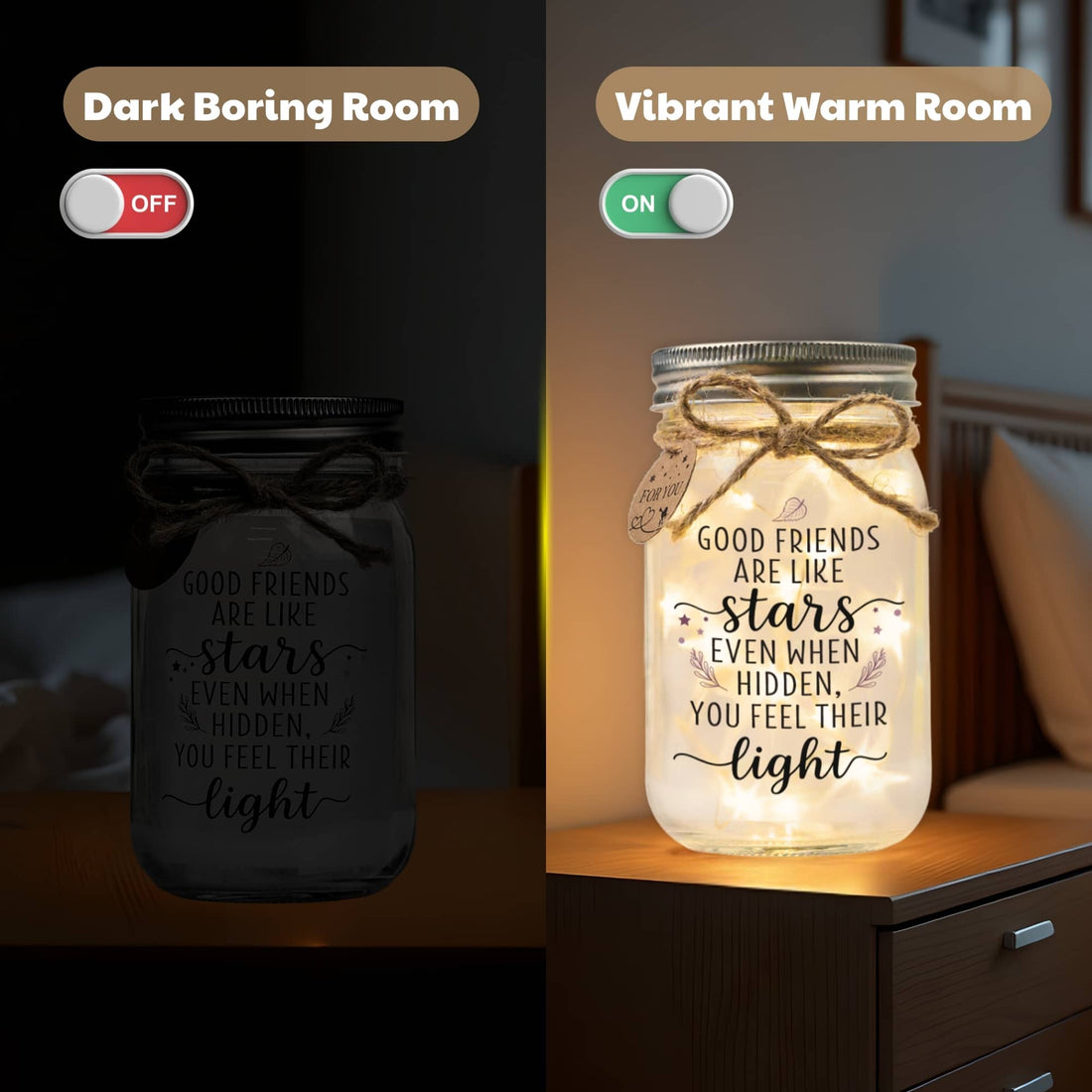 Warm-glow Mason Jar Light With The “Good Friends are Like Stars” design. Clear glass, pre-lit LEDs, gift-ready lid with twine bow and tag.