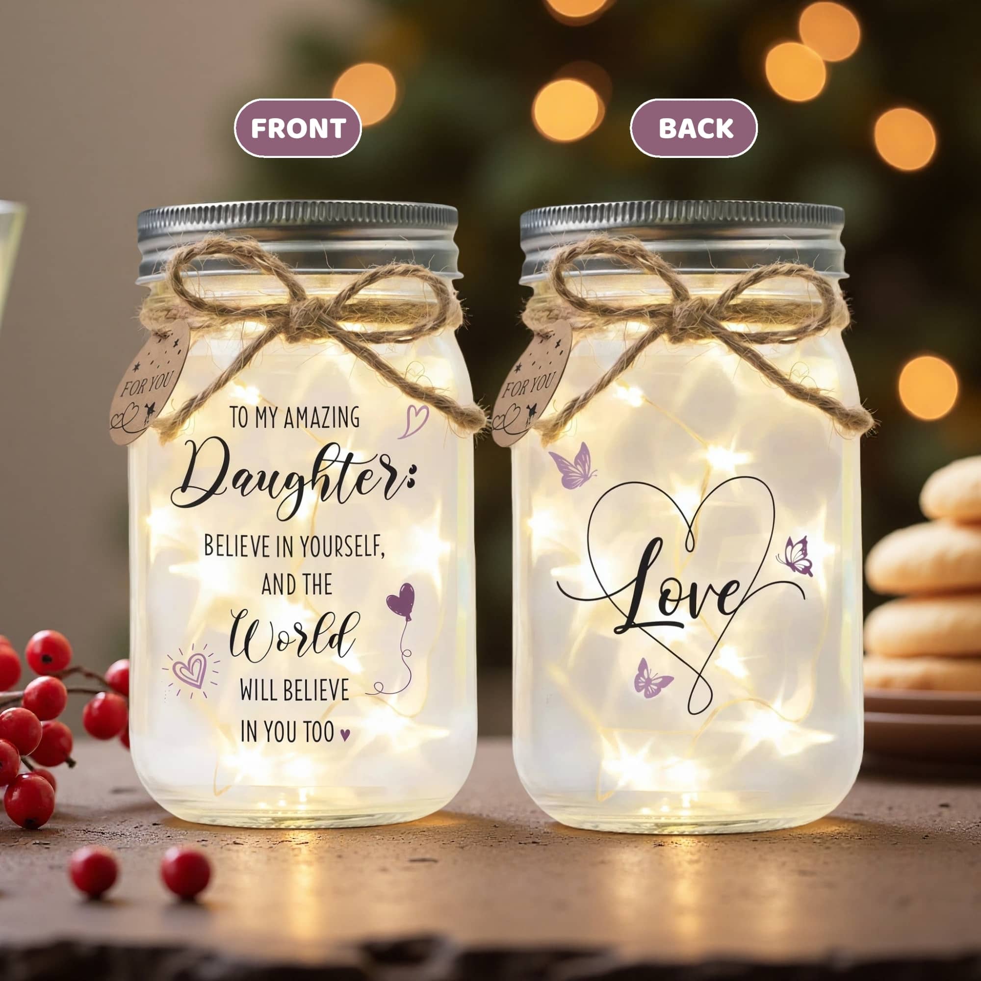 Daughter Mason Jar Night Light – Inspirational Quote, Warm LED Fairy Lights, Gift from Mom or Dad