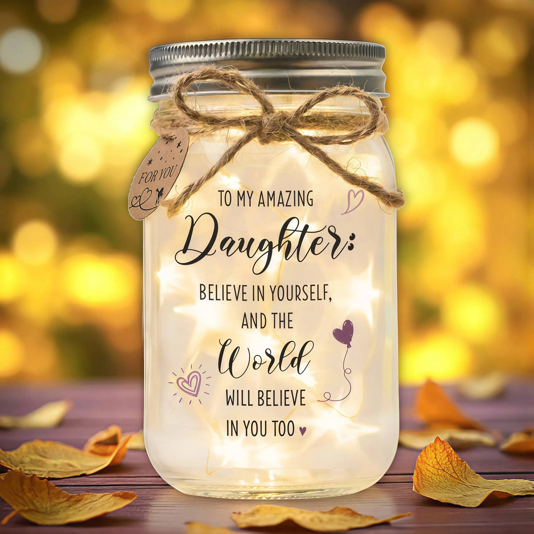 Daughter Mason Jar Night Light – Inspirational Quote, Warm LED Fairy Lights, Gift from Mom or Dad