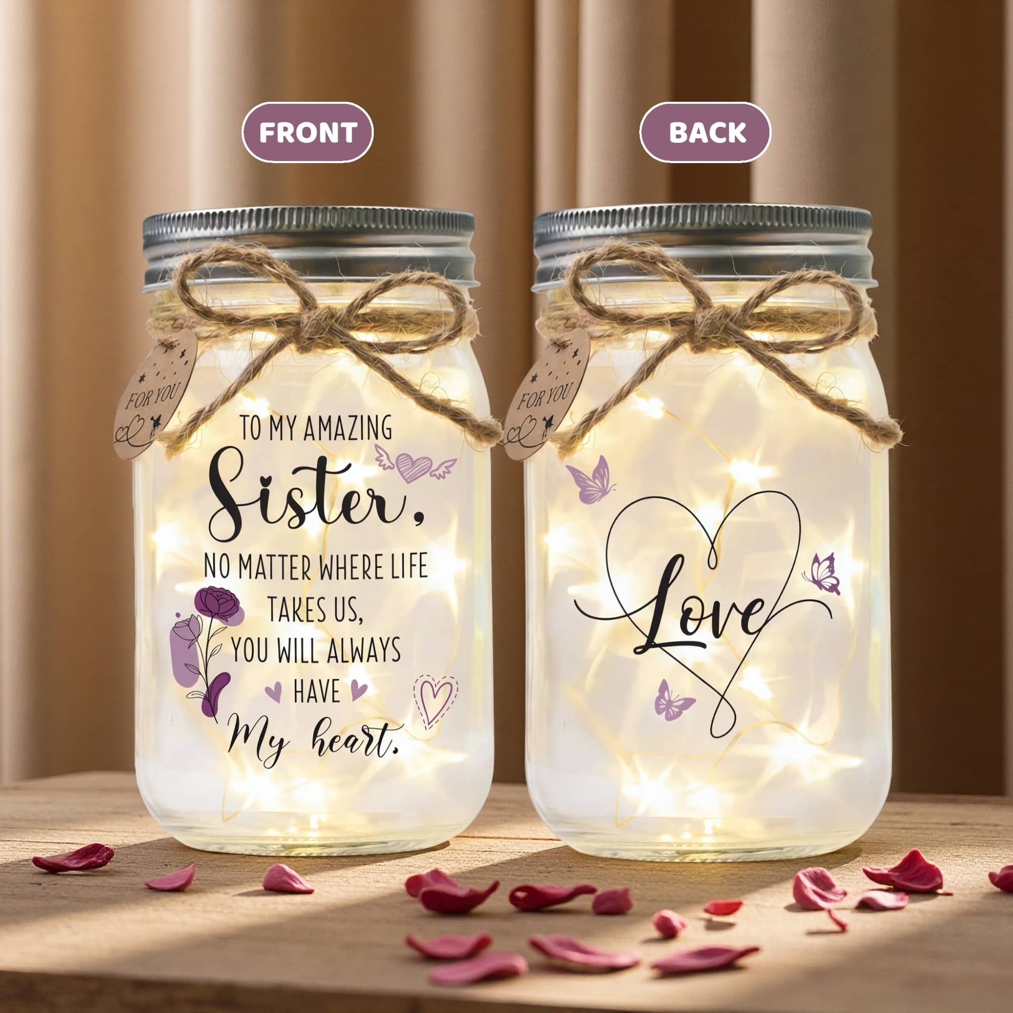 Sister Mason Jar Night Light – Sentimental Gift from Brother or Sister, Warm LED Fairy Lights, Ready-to-Gift Décor