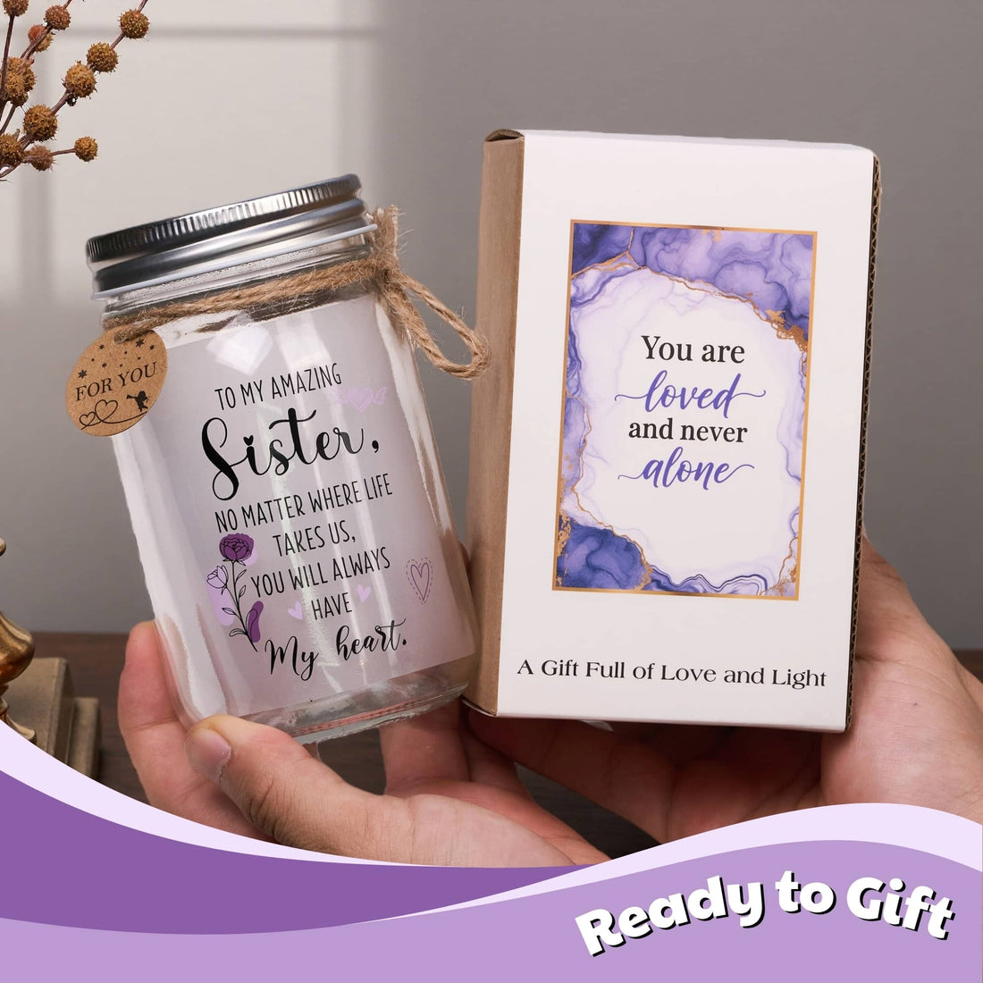 Sister Mason Jar Night Light – Sentimental Gift from Brother or Sister, Warm LED Fairy Lights, Ready-to-Gift Décor