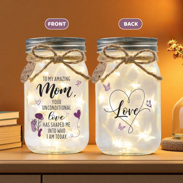 Mom Mason Jar Night Light – “Your Unconditional Love” Quote, Warm LED Fairy Lights, Birthday & Christmas Gift from Daughter or Son