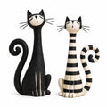 Black and Striped Long-Neck Cat Pair, Clay Figurines, on a plain background