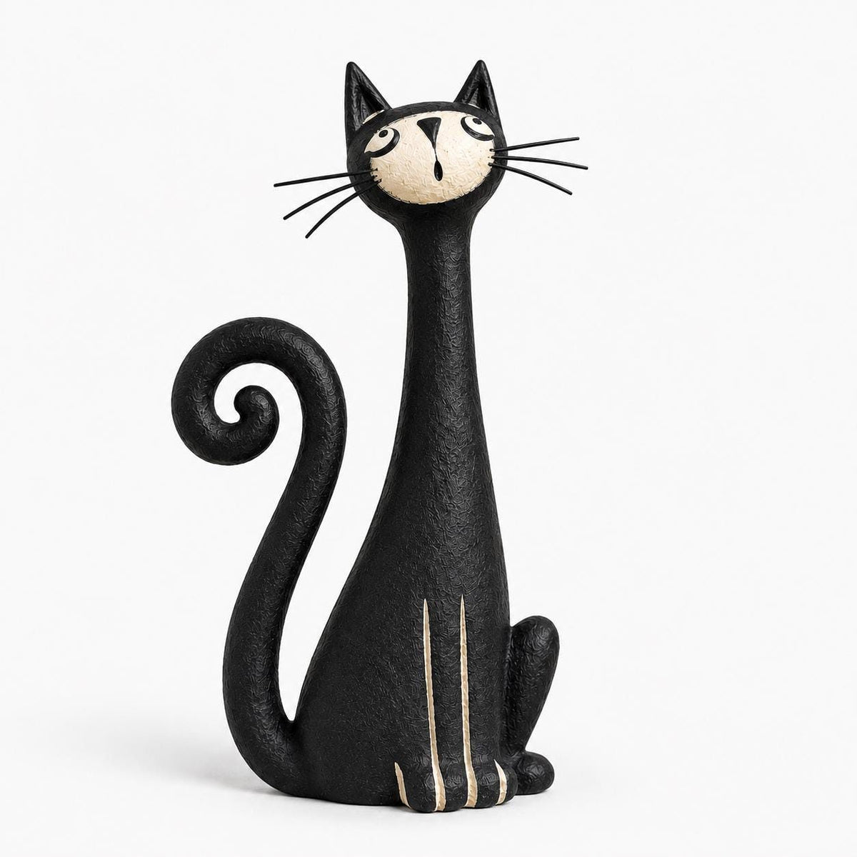 Black and Striped Long-Neck Cat Pair, Clay Figurines, on a plain background (view 2)