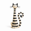 Black and Striped Long-Neck Cat Pair, Clay Figurines, on a plain background (view 3)