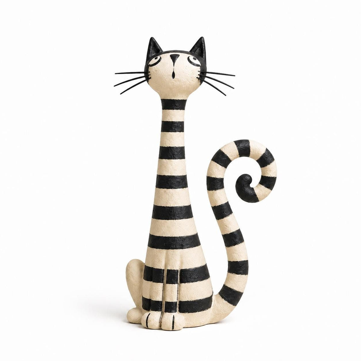 Black and Striped Long-Neck Cat Pair, Clay Figurines, on a plain background (view 3)