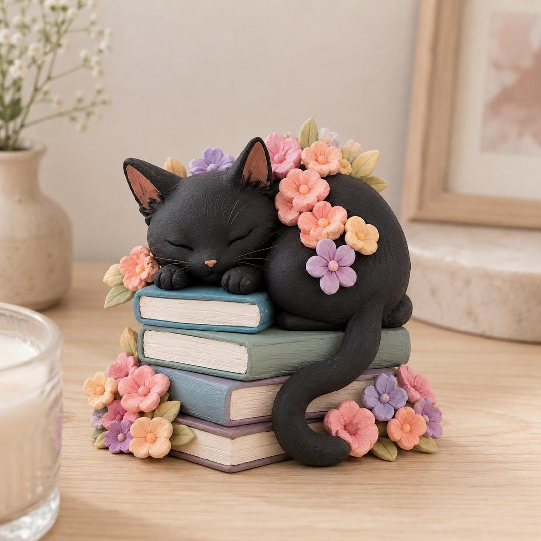 Black Cat Sleeping on Books Figurine, Floral Crown, styled in a home setting