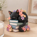 Black Cat Sleeping on Books Figurine, Floral Crown, styled in a home setting