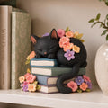 Black Cat Sleeping on Books Figurine, Floral Crown, styled in a home setting (view 3)