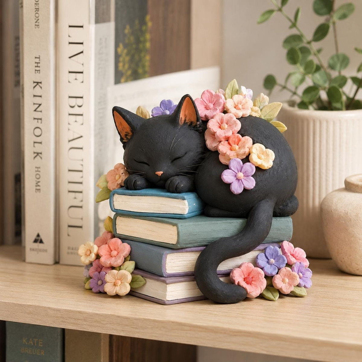 Black Cat Sleeping on Books Figurine, Floral Crown, styled in a home setting (view 4)
