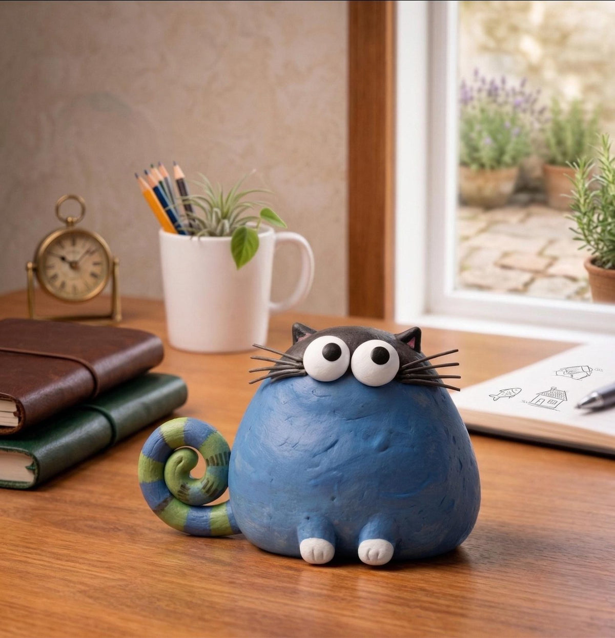 Chunky Blue Cat Figurine with Striped Spiral Tail, styled in a home setting