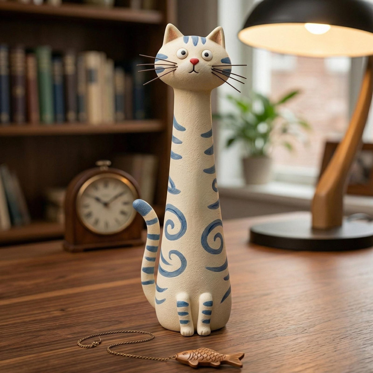 Blue Spiral Long-Neck Cat Figurine, Air-Dry Clay, styled in a home setting