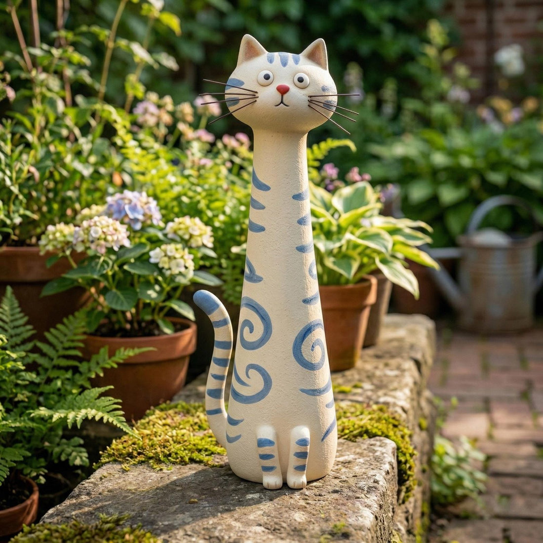 Blue Spiral Long-Neck Cat Figurine, Air-Dry Clay, styled in a home setting