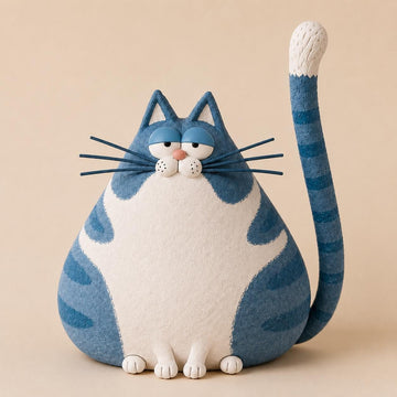 Blue Tabby Cat Figurine with Long Striped Tail, on a plain background