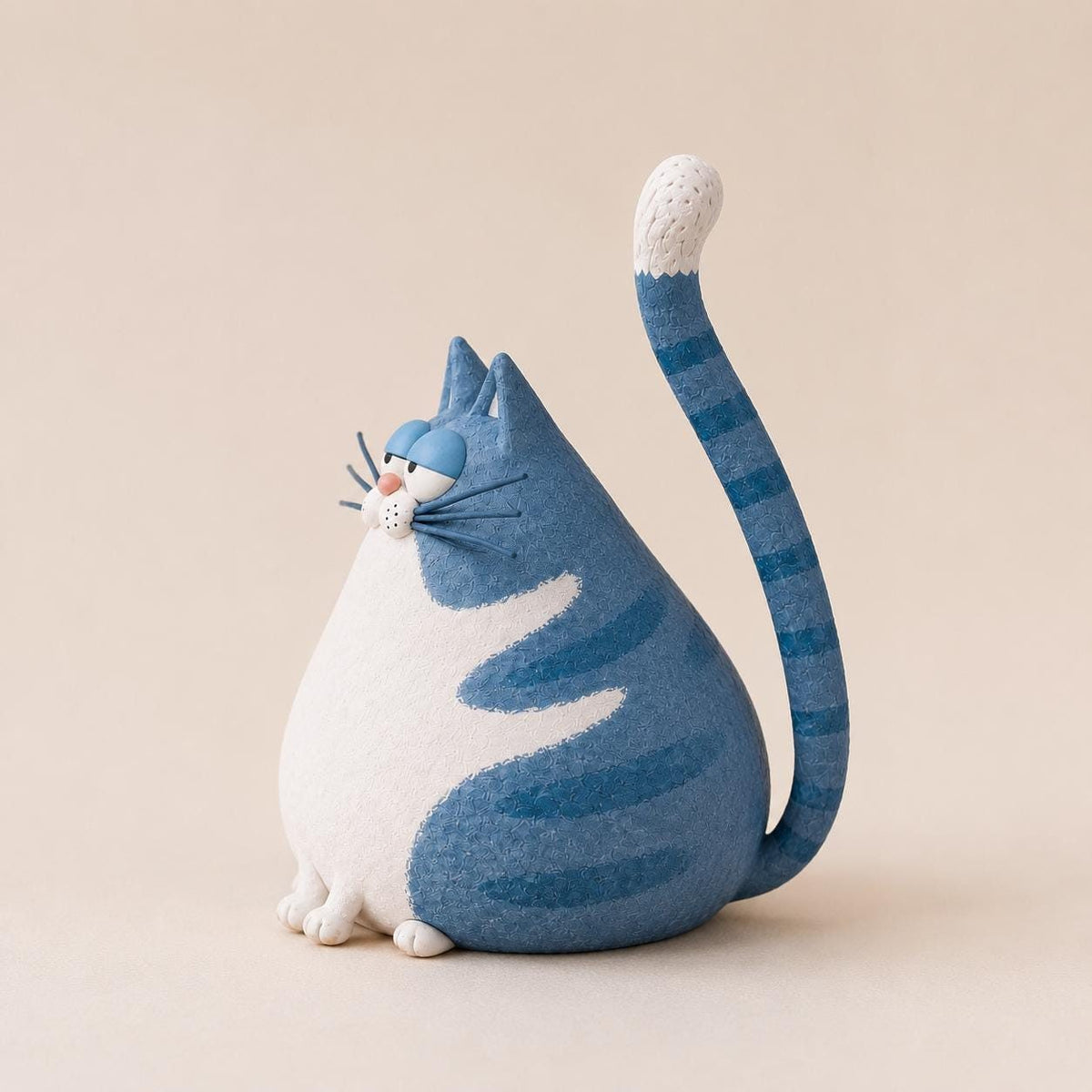 Blue Tabby Cat Figurine with Long Striped Tail, side view
