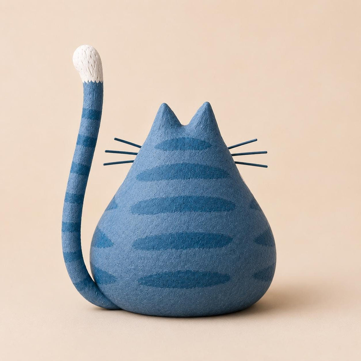 Blue Tabby Cat Figurine with Long Striped Tail, back view