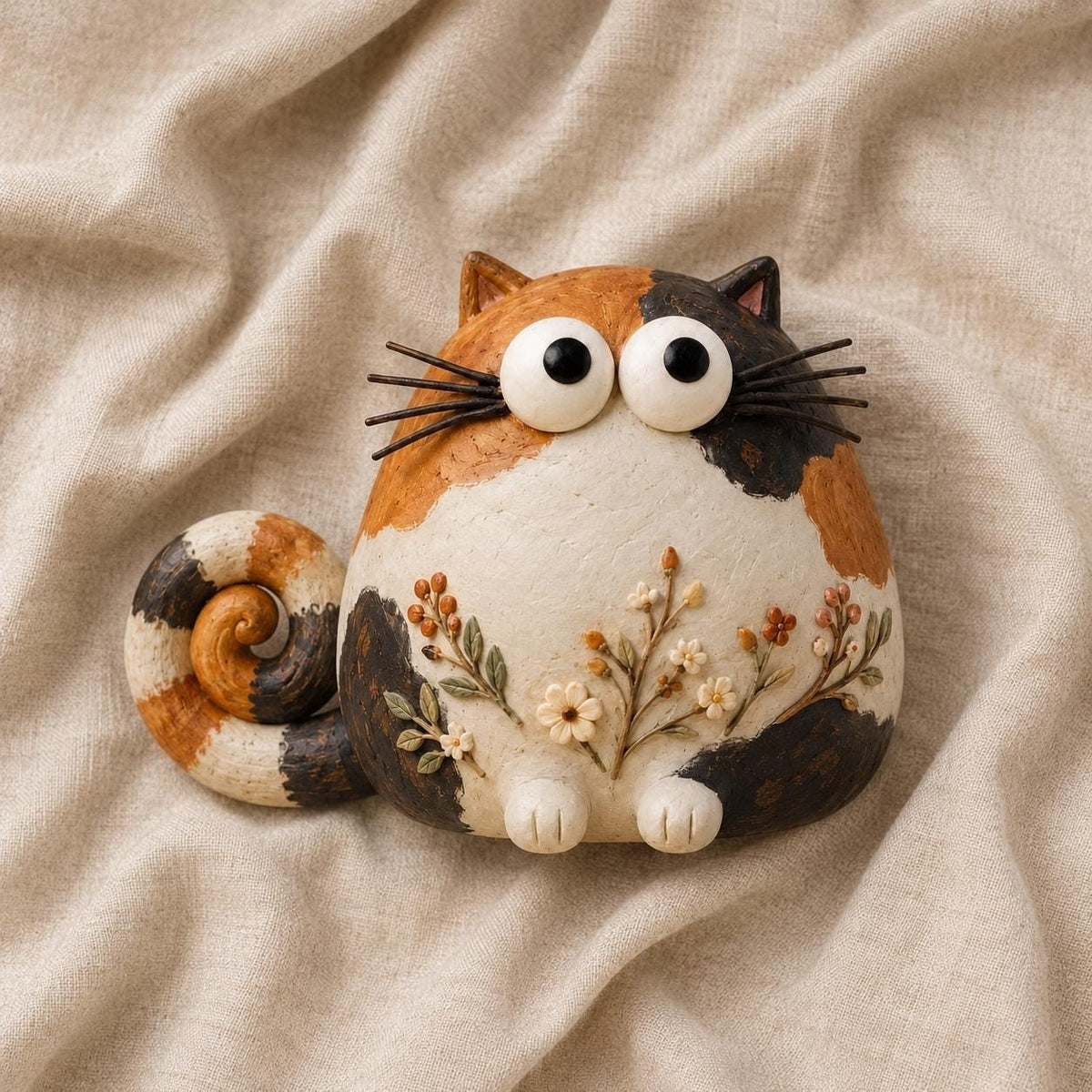 Calico Cat Figurine with Wildflower Belly, flat lay (view 2)