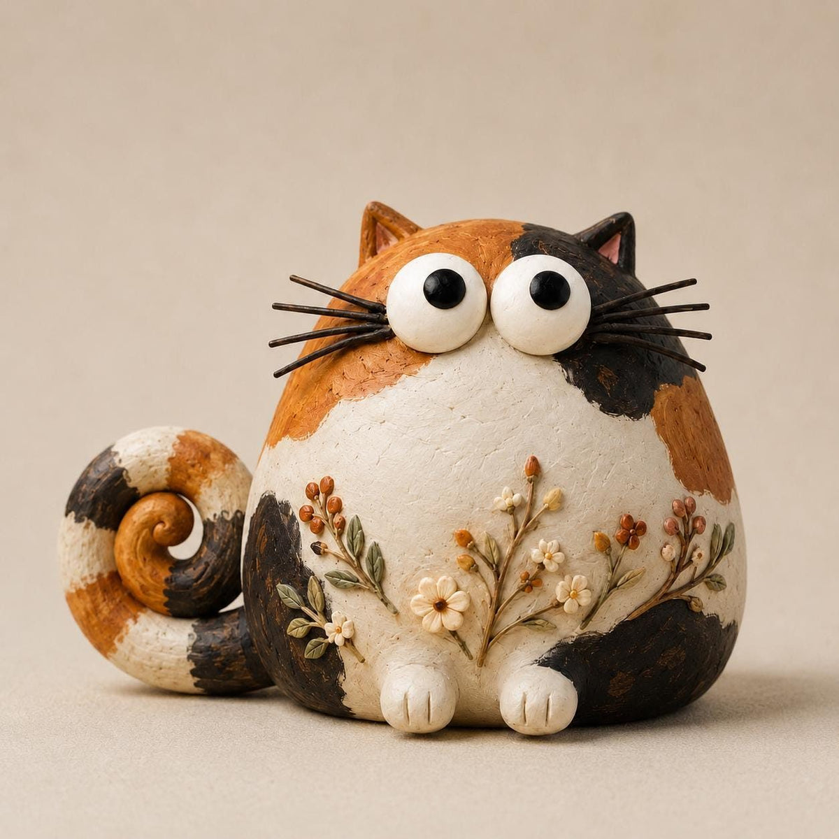 Calico Cat Figurine with Wildflower Belly, on a plain background