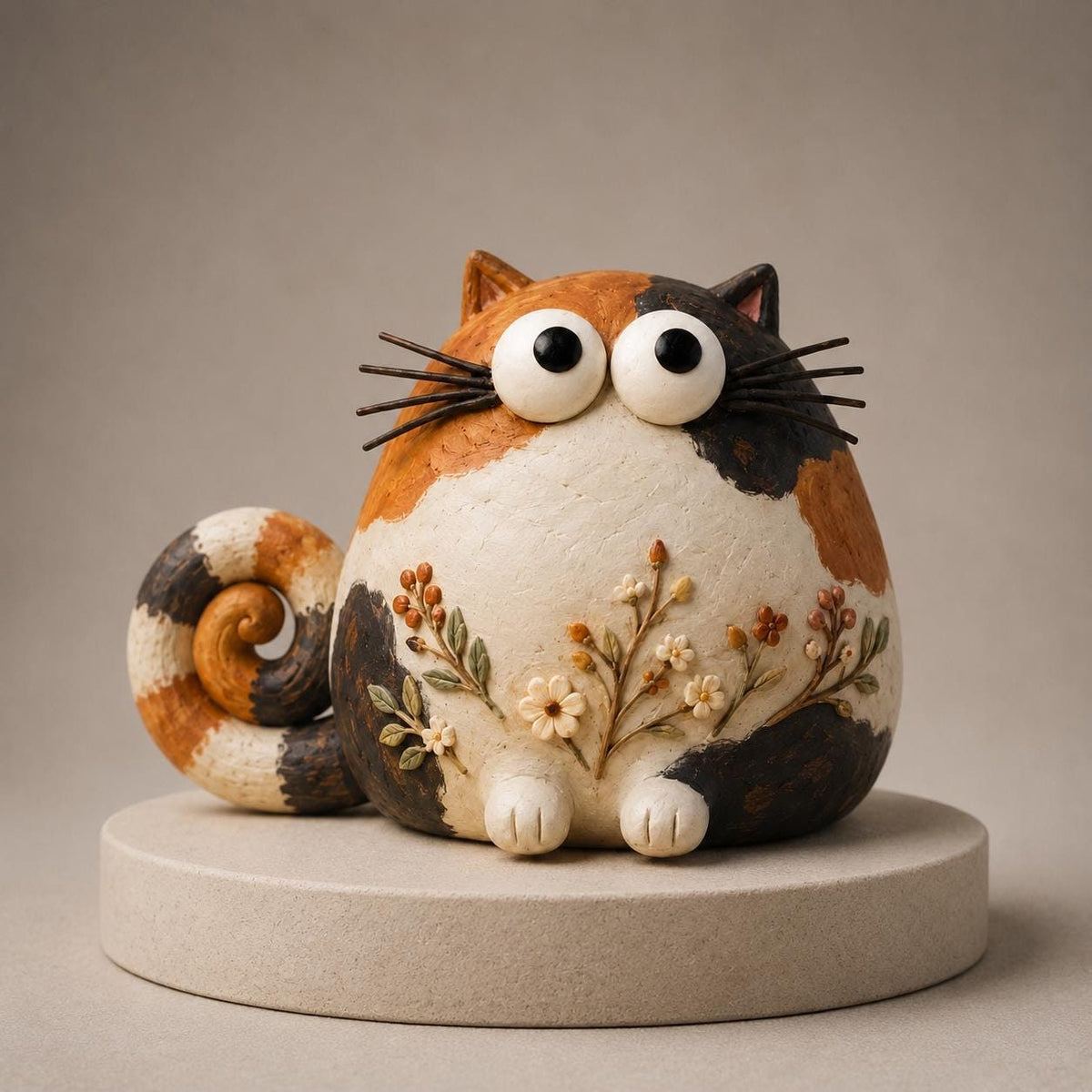 Calico Cat Figurine with Wildflower Belly, on a plain background (view 2)