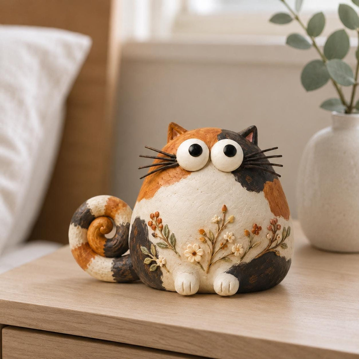 Calico Cat Figurine with Wildflower Belly, styled in a home setting (view 2)