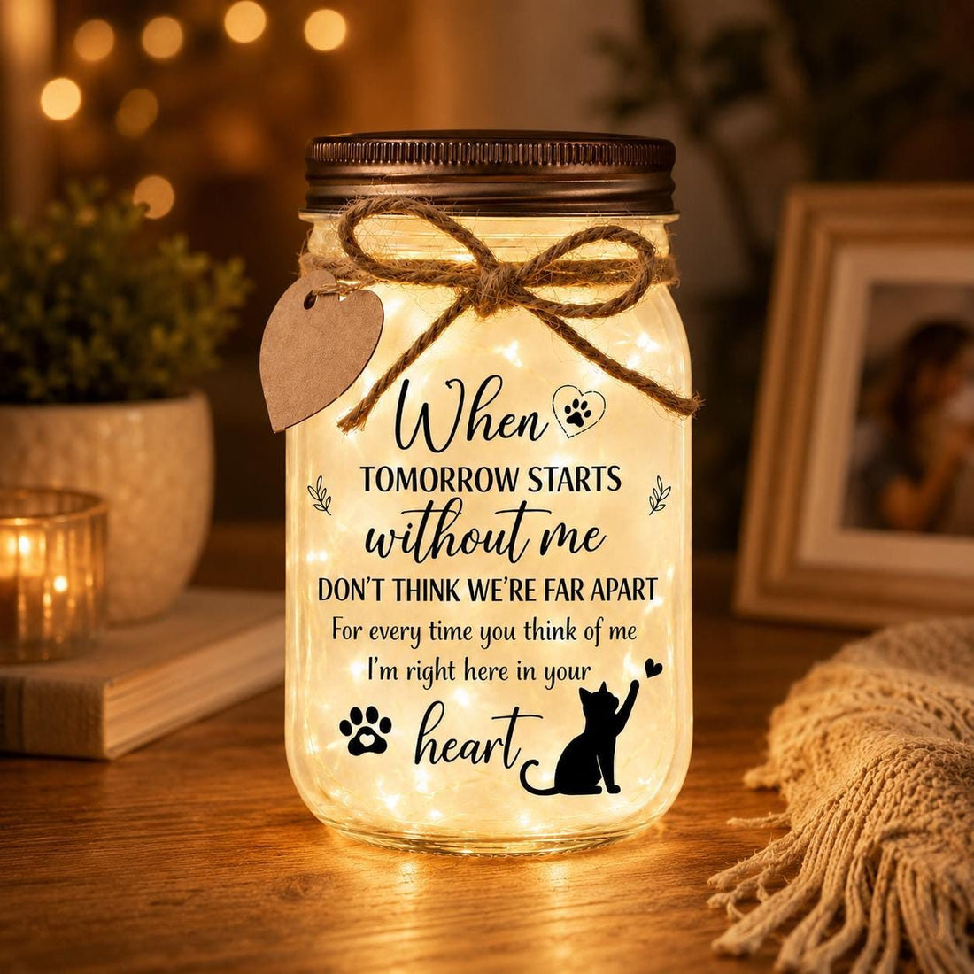 Cat Memorial Jar Light, When Tomorrow Starts Without Me, styled in a home setting