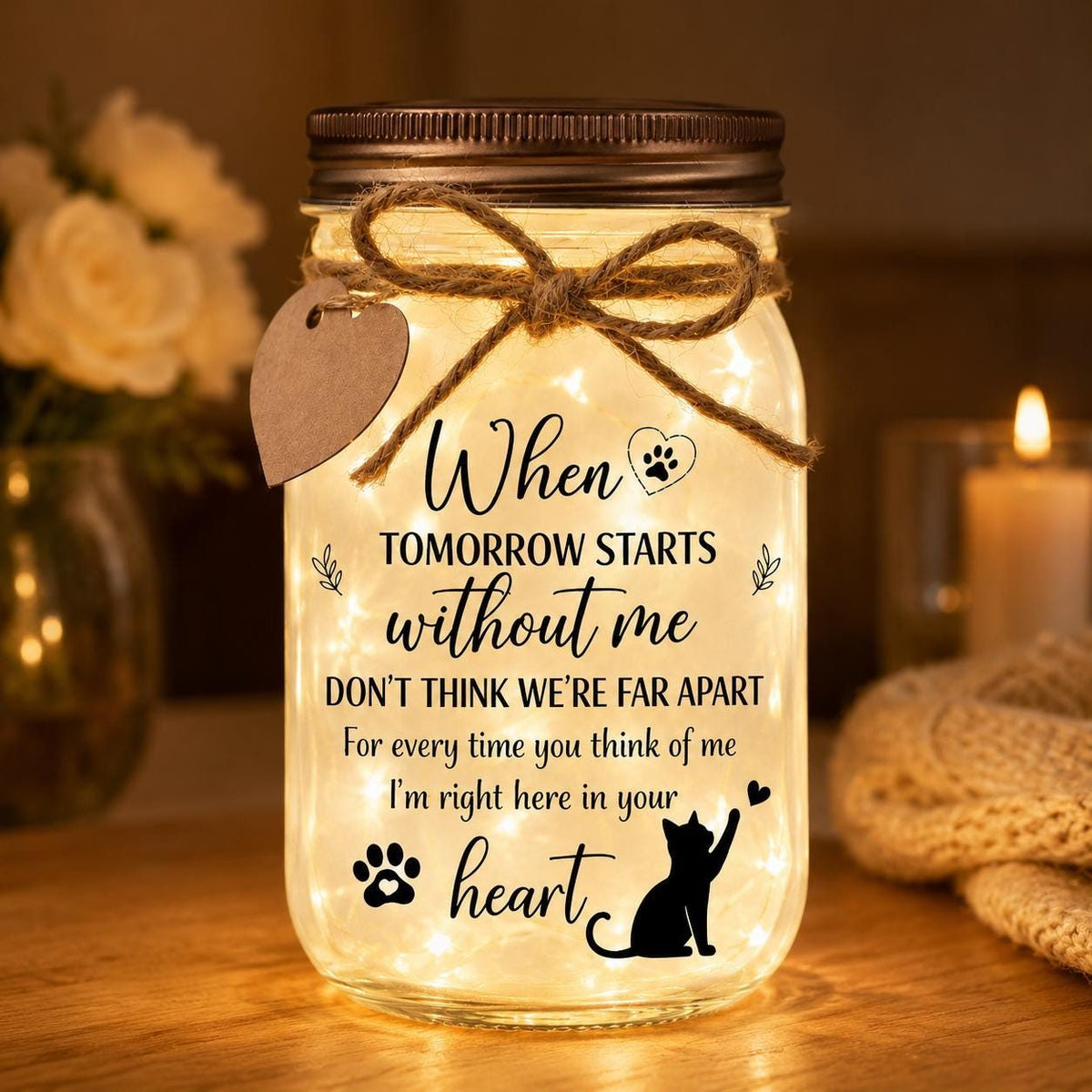 Cat Memorial Jar Light, When Tomorrow Starts Without Me, styled in a home setting (view 2)