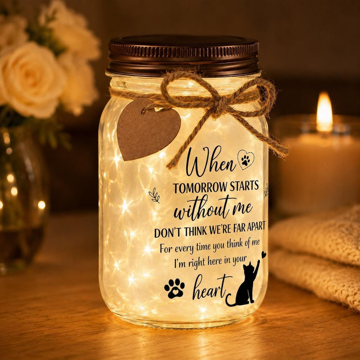 Cat Memorial Jar Light, When Tomorrow Starts Without Me, close-up detail