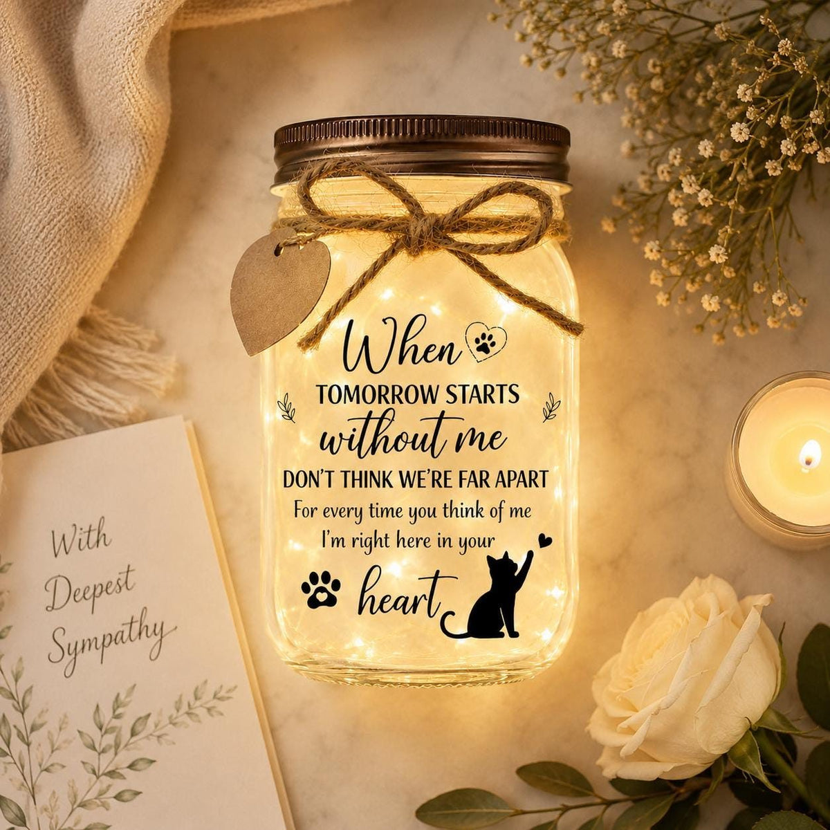 Cat Memorial Jar Light, When Tomorrow Starts Without Me, styled in a home setting (view 3)