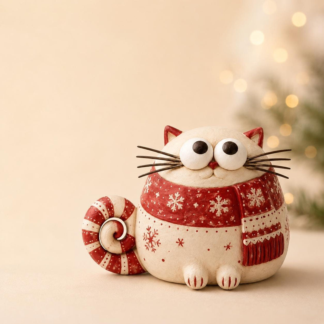 Christmas Cat Figurine in a Red Snowflake Scarf, styled in a home setting