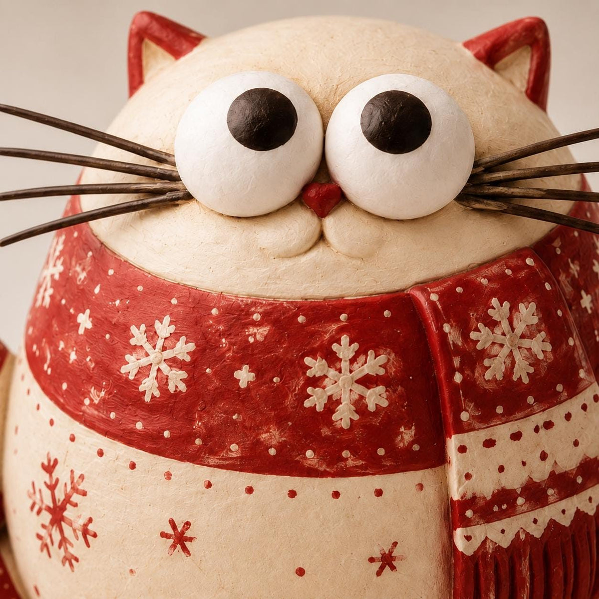 Christmas Cat Figurine in a Red Snowflake Scarf, close-up detail