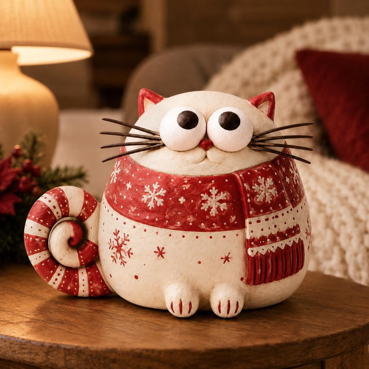 Christmas Cat Figurine in a Red Snowflake Scarf, styled in a home setting (view 2)
