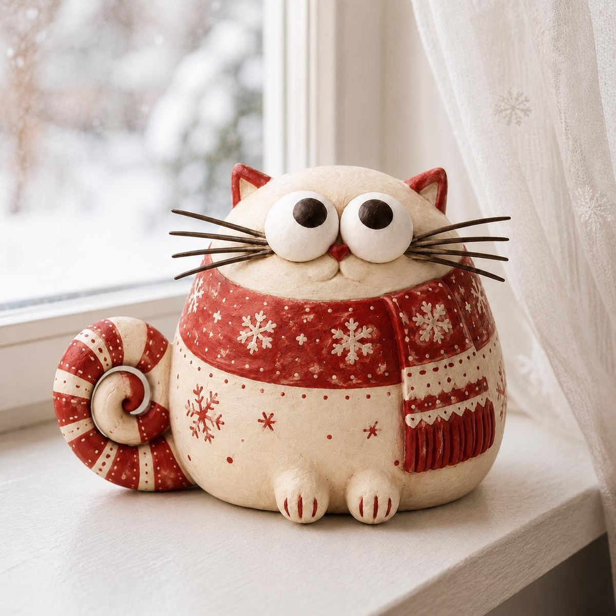 Christmas Cat Figurine in a Red Snowflake Scarf, styled in a home setting (view 3)