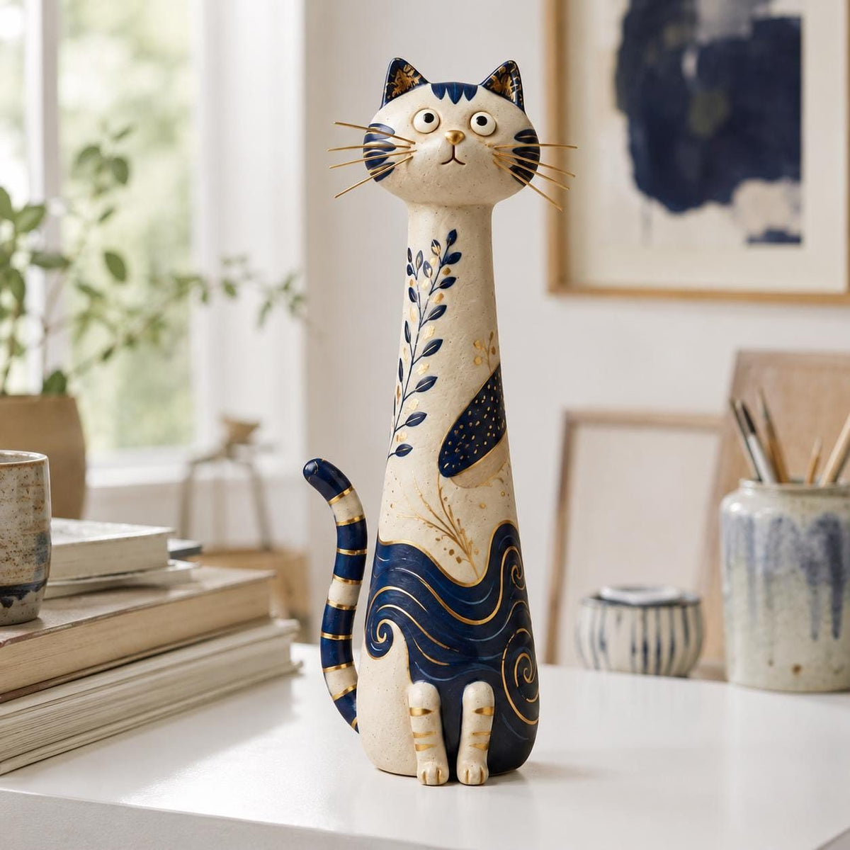 Cobalt Blue and Gold Chinoiserie Cat Figurine, styled in a home setting