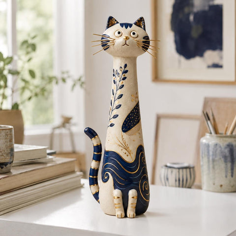 Cobalt Blue and Gold Chinoiserie Cat Figurine