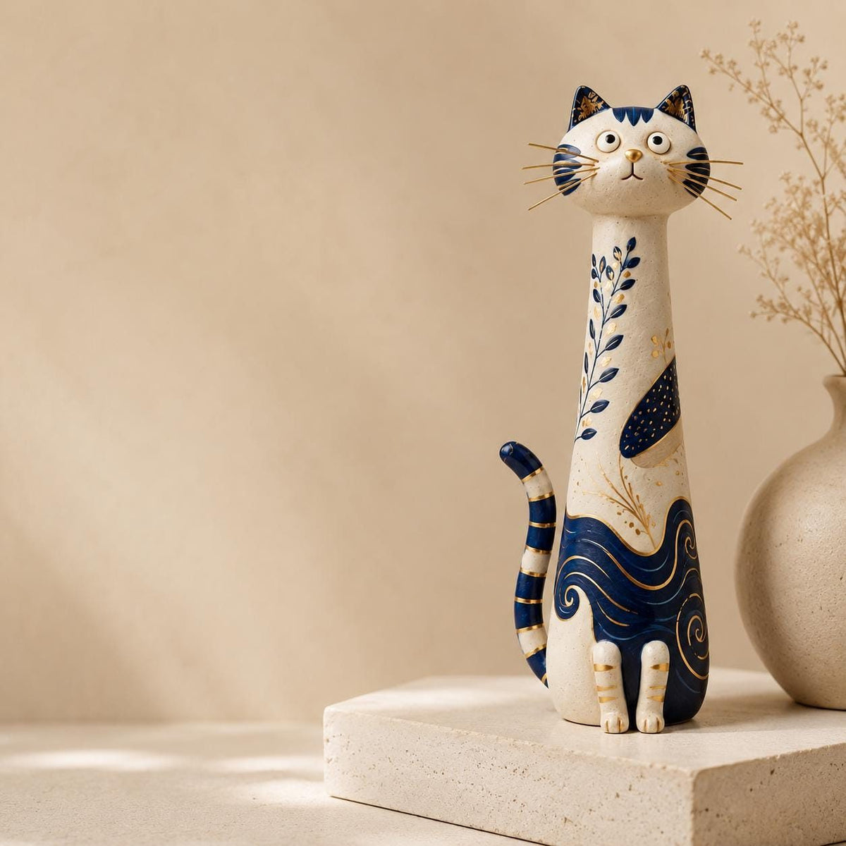 Cobalt Blue and Gold Chinoiserie Cat Figurine, on a plain background