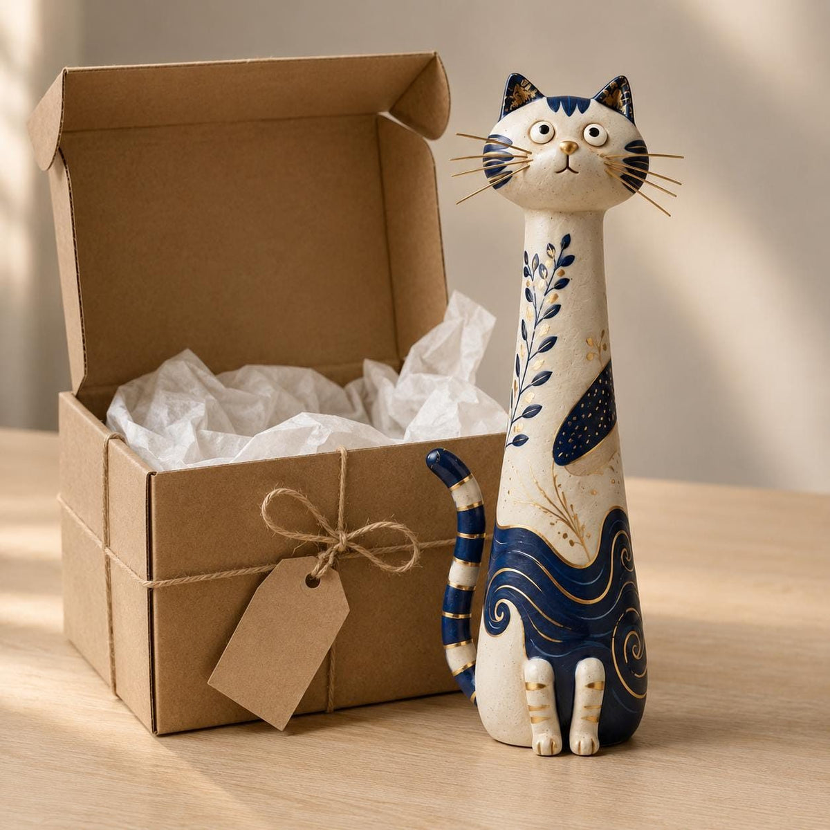 Cobalt Blue and Gold Chinoiserie Cat Figurine, in its gift box