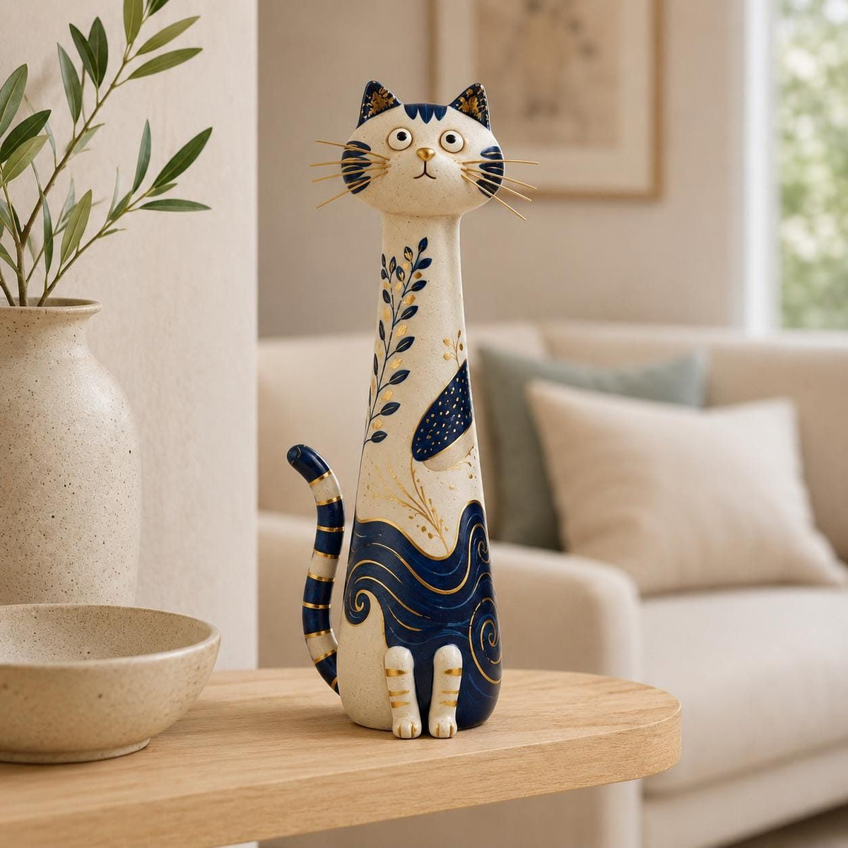 Cobalt Blue and Gold Chinoiserie Cat Figurine, styled in a home setting (view 2)